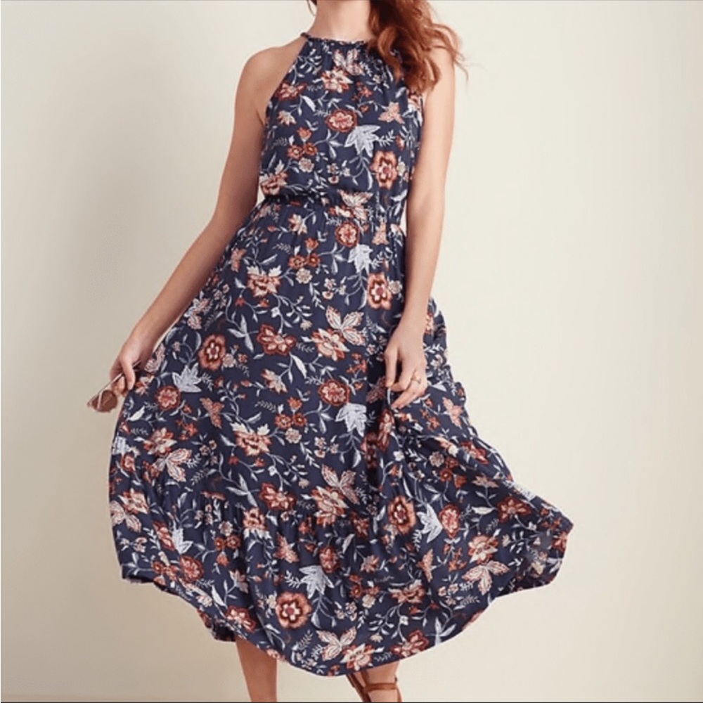 Old Navy Navy Floral Maxi Dress with Rust and Cream Blooms